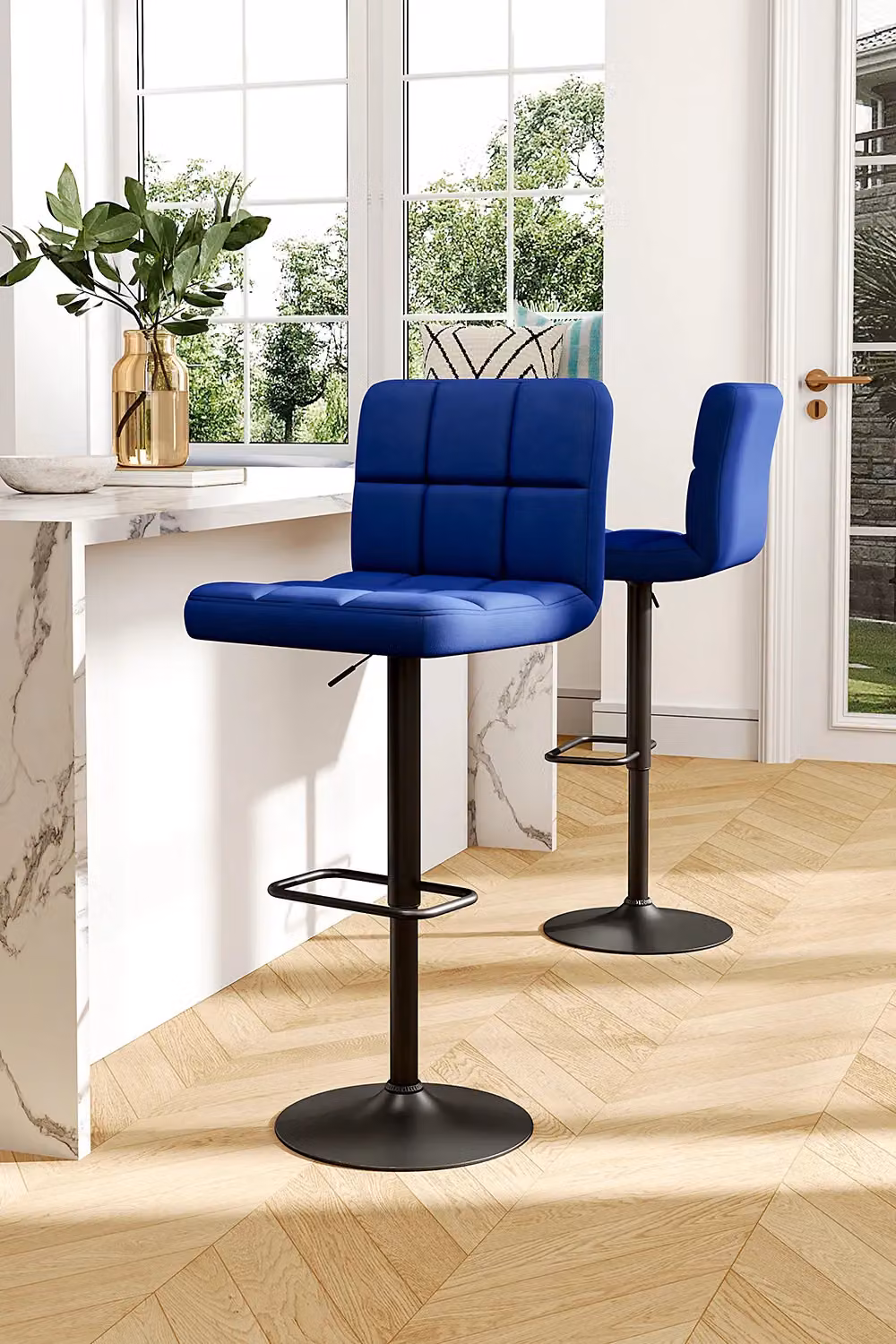 Living and Home Set of 2 Blue Velvet Grid Upholstery Bar Stools with Backrest and Adjustable Height – 2