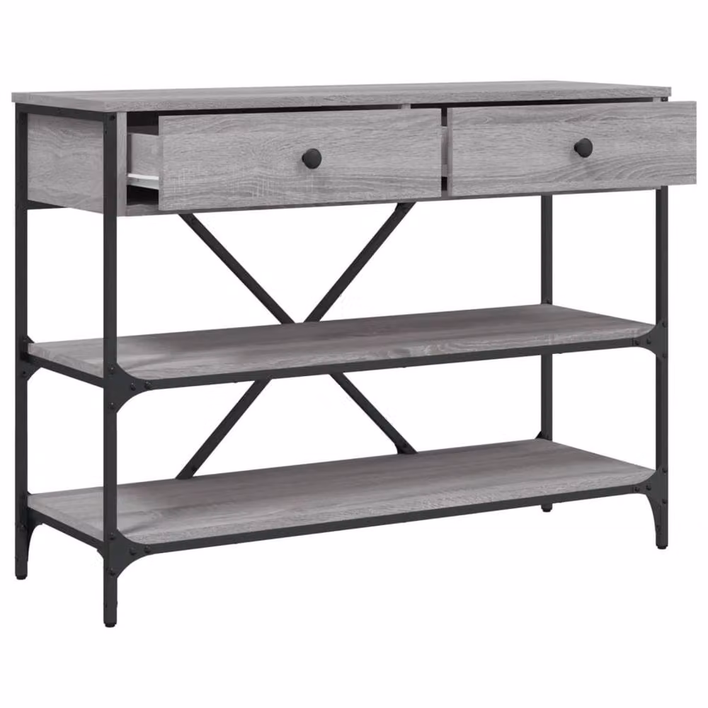 Berkfield Home Grey Sonoma Console Table with Drawers, Shelves and X-Frame Metal Legs – 4