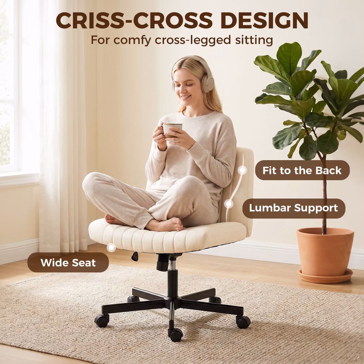 HOMCOM Green Imitation Linen Armless Task Chair with Castors and 360 Degree Swivel – 3