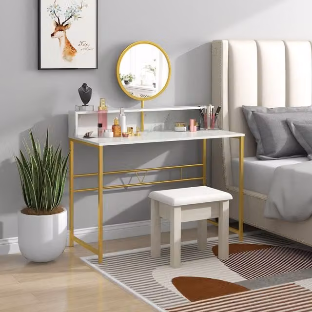 HOMCOM Modern White and Gold Dressing Table with Round Mirror and Marble Top