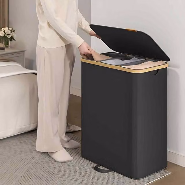 The Bazaarist 3 Compartment Laundry Hamper with Lid and Removable Bags in Black and Dark Grey – 1