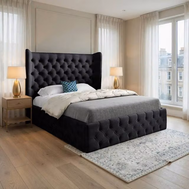Casani Hutton Upholstered Black Velvet Designer Bed Frame W/D/H: 180 x 137 x 189 cm
