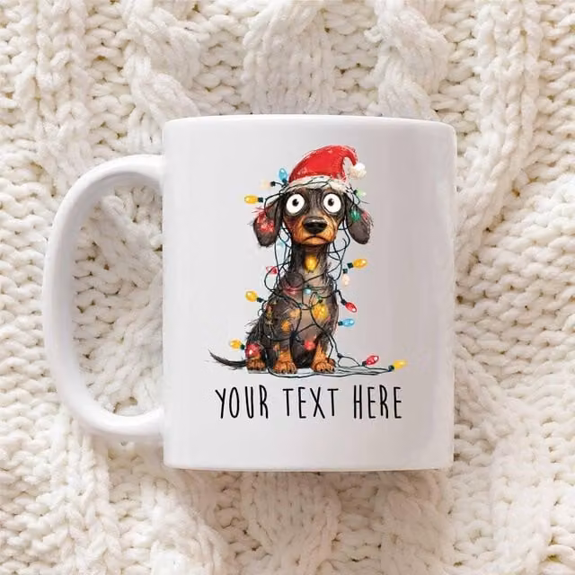 60 SECOND MAKEOVER Personalised Dachshund Christmas Lights Santa Hat Ceramic Mug in White – 1