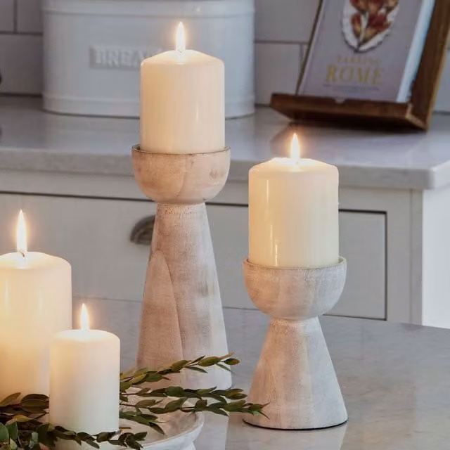 Ivyline Padstow White Wash Wooden Pillar Candle Holders, 2 Pack – 1