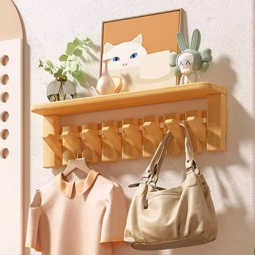 KORVIXA Wooden Piano Coat Rack Hanger in Brown with 8 Flip-Down Hooks, W/H: 100 x 100 cm – 3