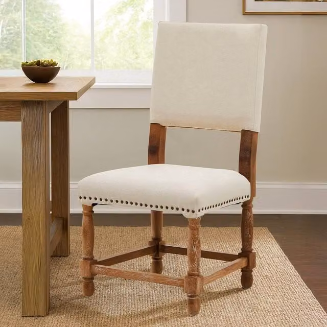 Orsina Modern Oak Burn Whitewash Linen Dining Chair in White and Gold