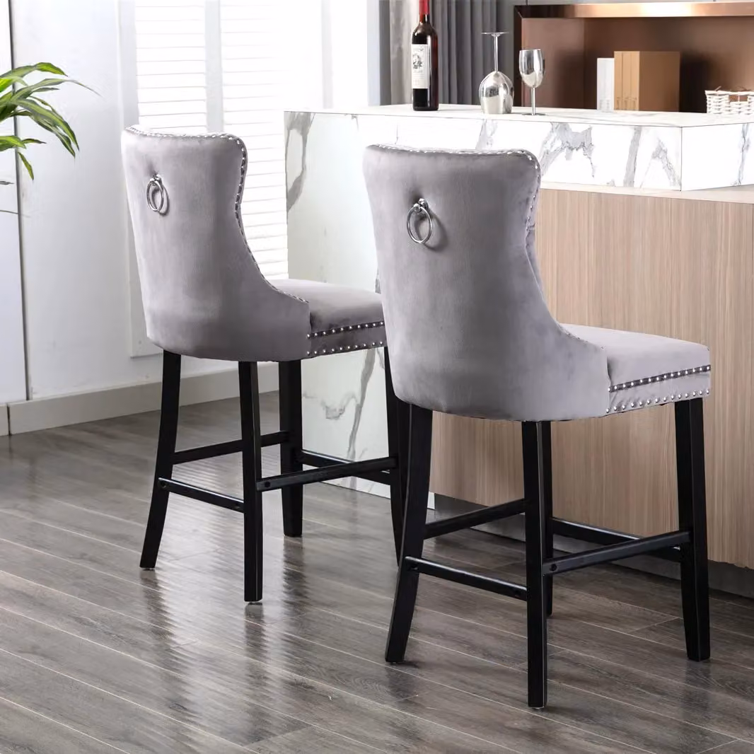 HomeTouch Set of 2 Grey Velvet Kitchen Breakfast Barstools with Wooden Legs – 3