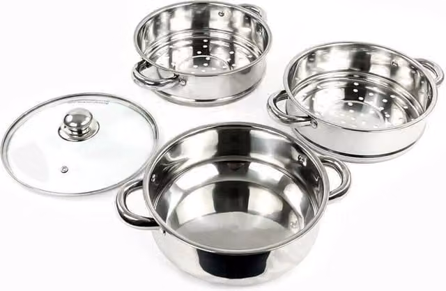 VOGREX 3 Tier Stainless Steel Steamer Pot with Glass Lid, Silver, 28 cm – 1