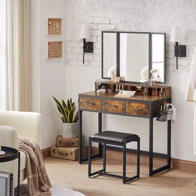 The Bazaarist Vanity Dressing Table Set with Tri-Fold Mirror, Stool and 3 Storage Drawers in Rustic Brown and Black