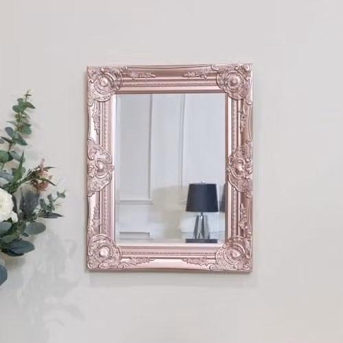 Melody Maison Ornate Rose Gold and Pink Vintage Wall Mirror with Bevelled Glass, W: 52.5 cm, H: 42.0 cm, D: 3.5 cm