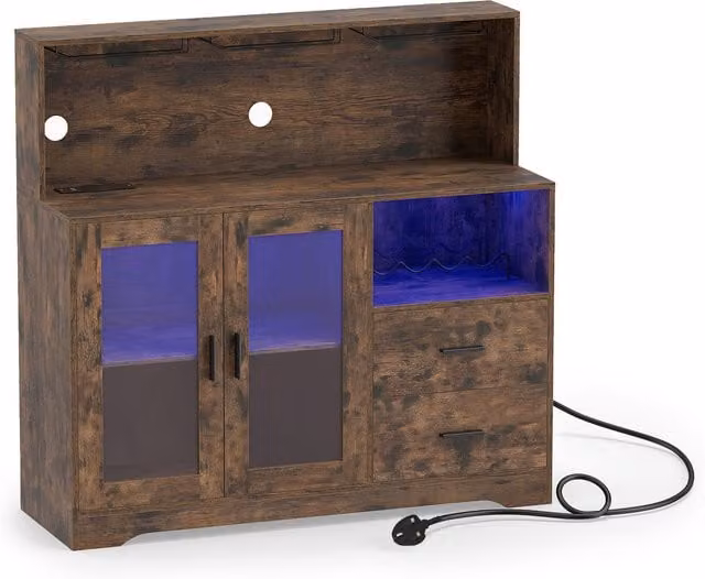 COSTWAY Modern Brown Wood Wine Bar Cabinet with Integrated LED Lighting