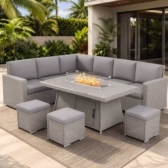 STILVORA 7-Piece Grey Sofa Set with Fire Pit Table – 1