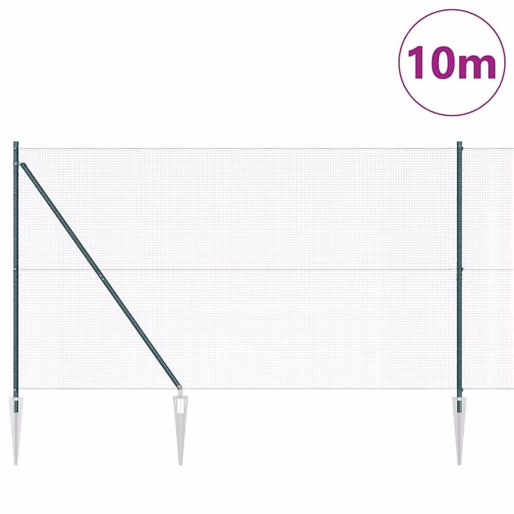 Berkfield Home Green Steel Welded Wire Fence with 7 Spike Posts, W: 10 m, H: 1.5 m – 2
