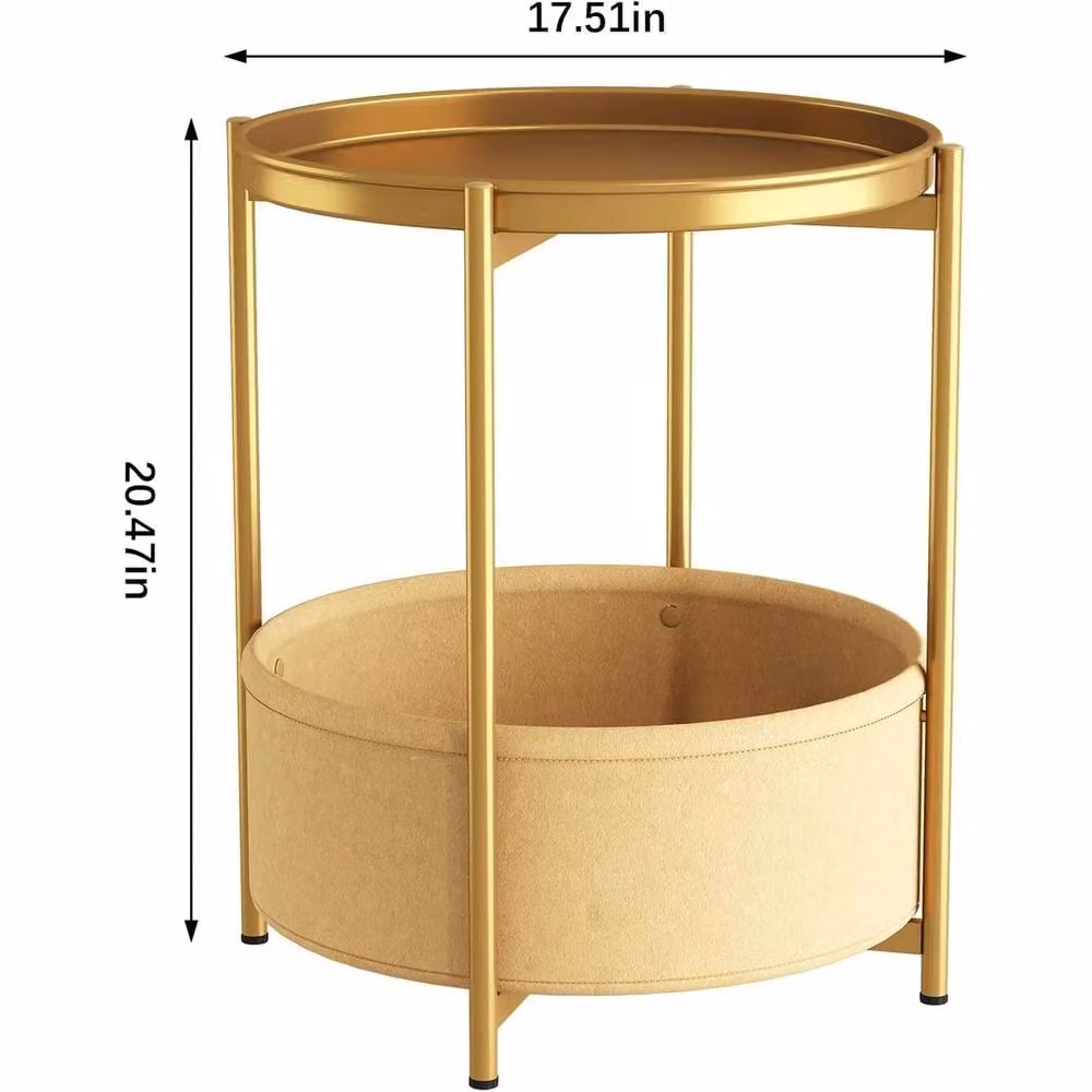 FORGEVIO Gold Round 2-Tier Coffee Table with Fabric Basket and Metal Frame – 2