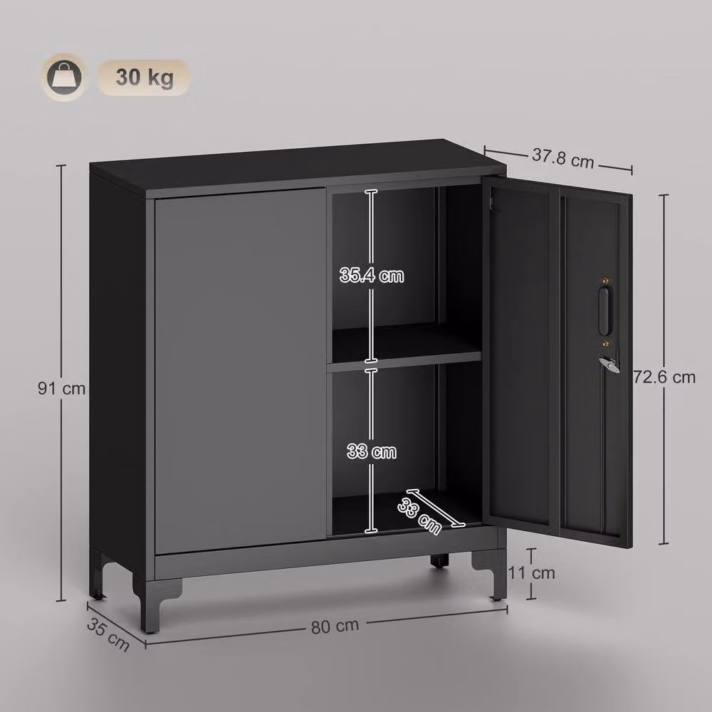 Rolipo 2-Tier Lockable Metal Storage Cabinet with Adjustable Shelves and Double Doors in Matt Black – 4