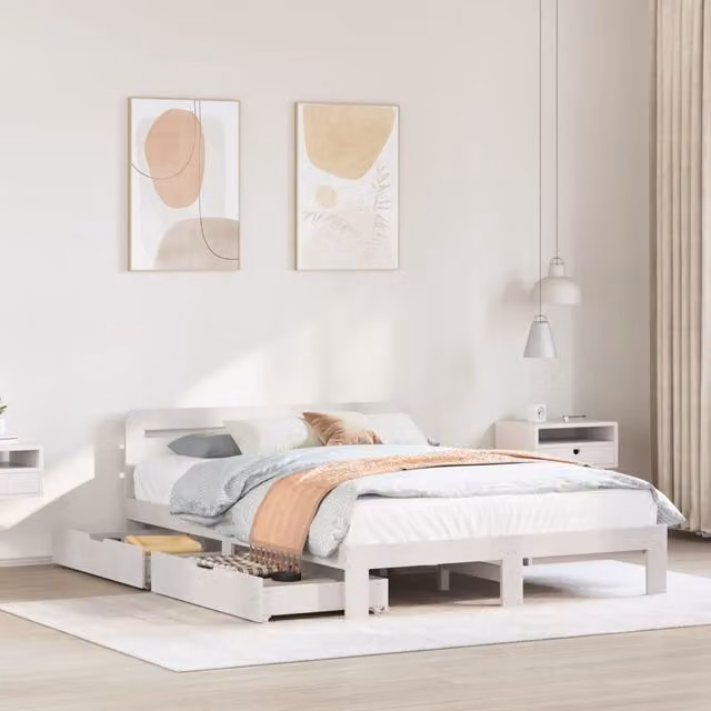 Berkfield Home King Size Solid Wood Pine Bed Frame with Drawers, White, W: 150 cm, D: 200 cm