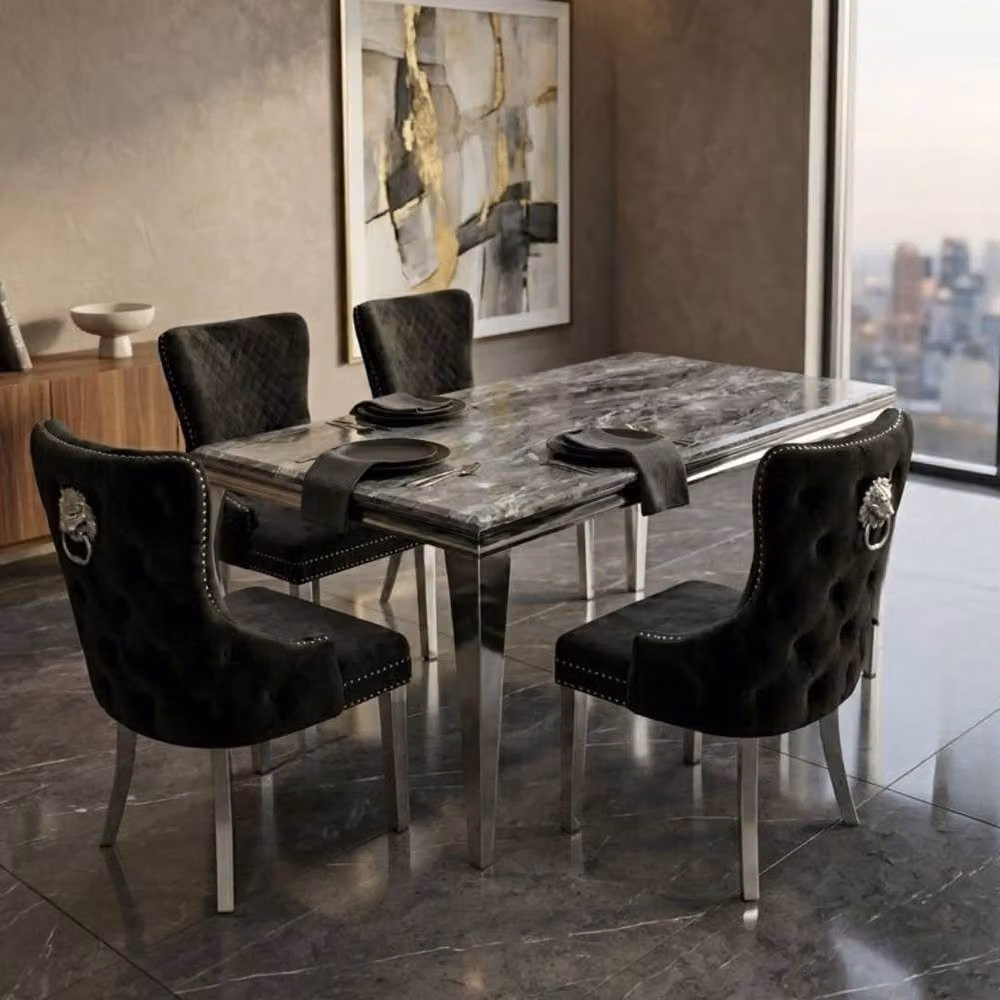 HOME LUXE INTERIOR Sofia Grey Marble Dining Table and 4 Victoria Black and Silver Chairs – 4