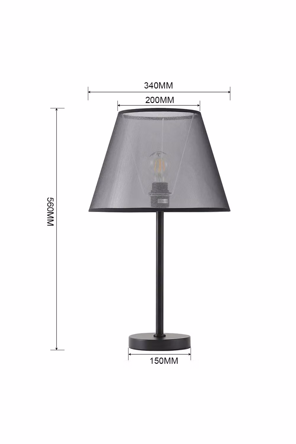 Living and Home Modern Black Metal Bedside Table Lamp with Fabric Cone Shade H 56 cm x W 34 cm – 2