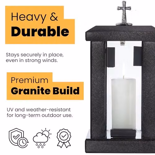NOVECRAFTO Black Granite Square Memorial Lantern with Cross, Height: 32 cm – 5