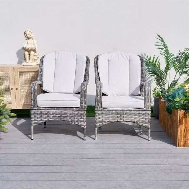 Abrihome Modern Deep-Seating Outdoor Lounge Chairs with Armrests and Grey Fabric Cushions in Powder Coated Aluminium and Rattan