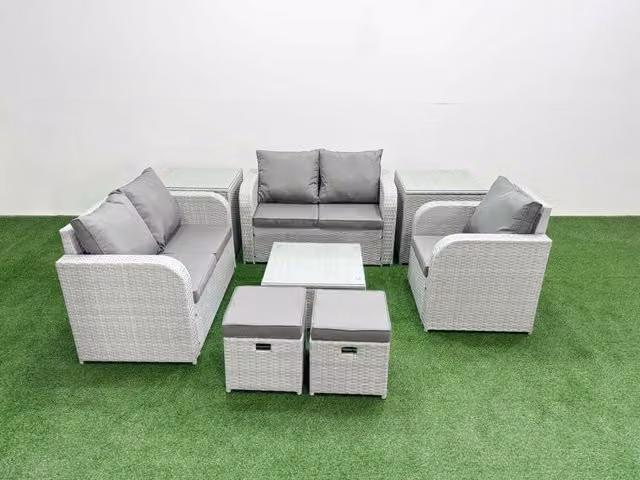 Fimous Grey Poly Rattan Garden Furniture Set with High Back Reclining Chair, Loveseat Sofa, Square Coffee Table, 2 Stools and 2 Side Tables