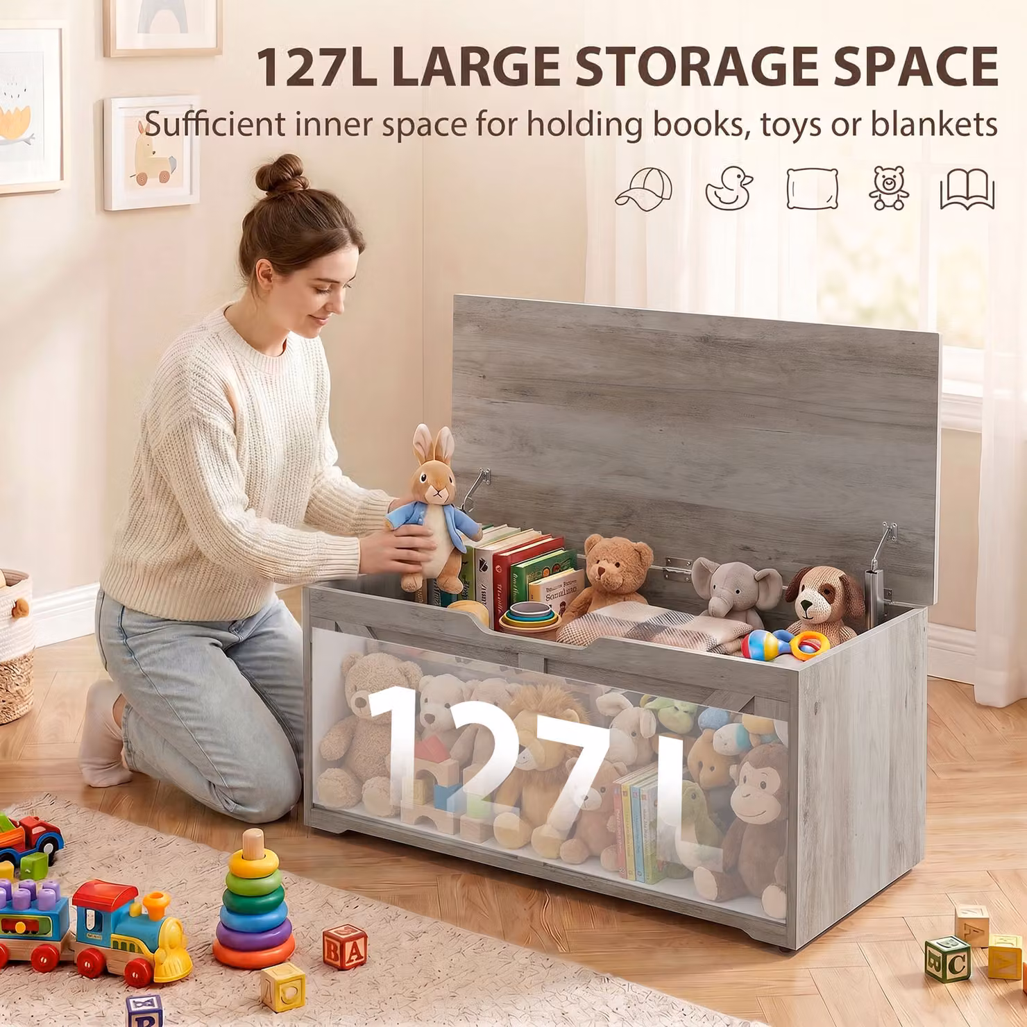 HOMCOM 127L Home Storage Box with Soft-Close Lid in Grey Wood-Effect – 3