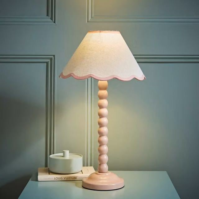 ValueLights Pink Bobbin Stem Table Lamp with Scallop Fabric Shade and LED Bulb – 1