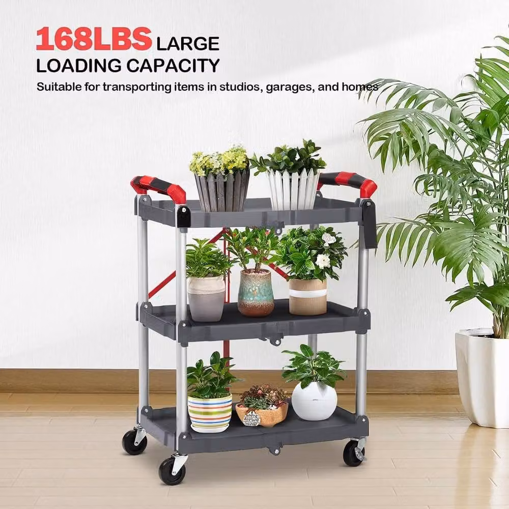 London Boutique 3-Tier Folding Utility Cart Collapsible Service Cart Rolling Trolley in Grey – 6