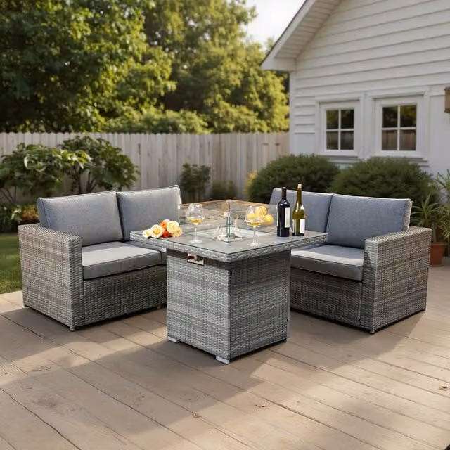Malay Modern Grey Rattan and Metal Conversation Firepit Set for Garden and Terrace