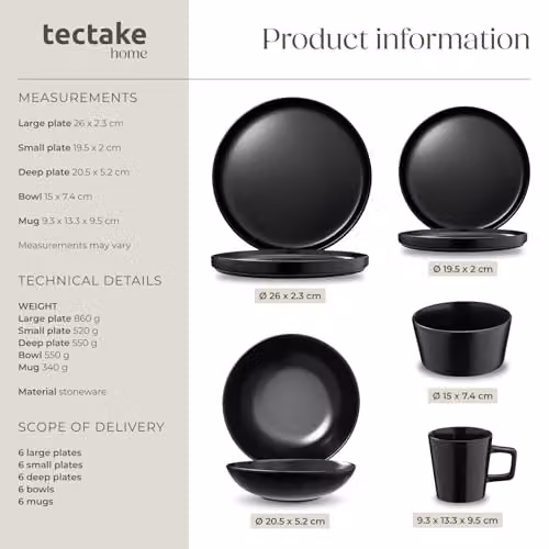 tectake 30-Piece Black Stoneware Dinnerware Set for 6 People, Microwave and Dishwasher Safe – 6