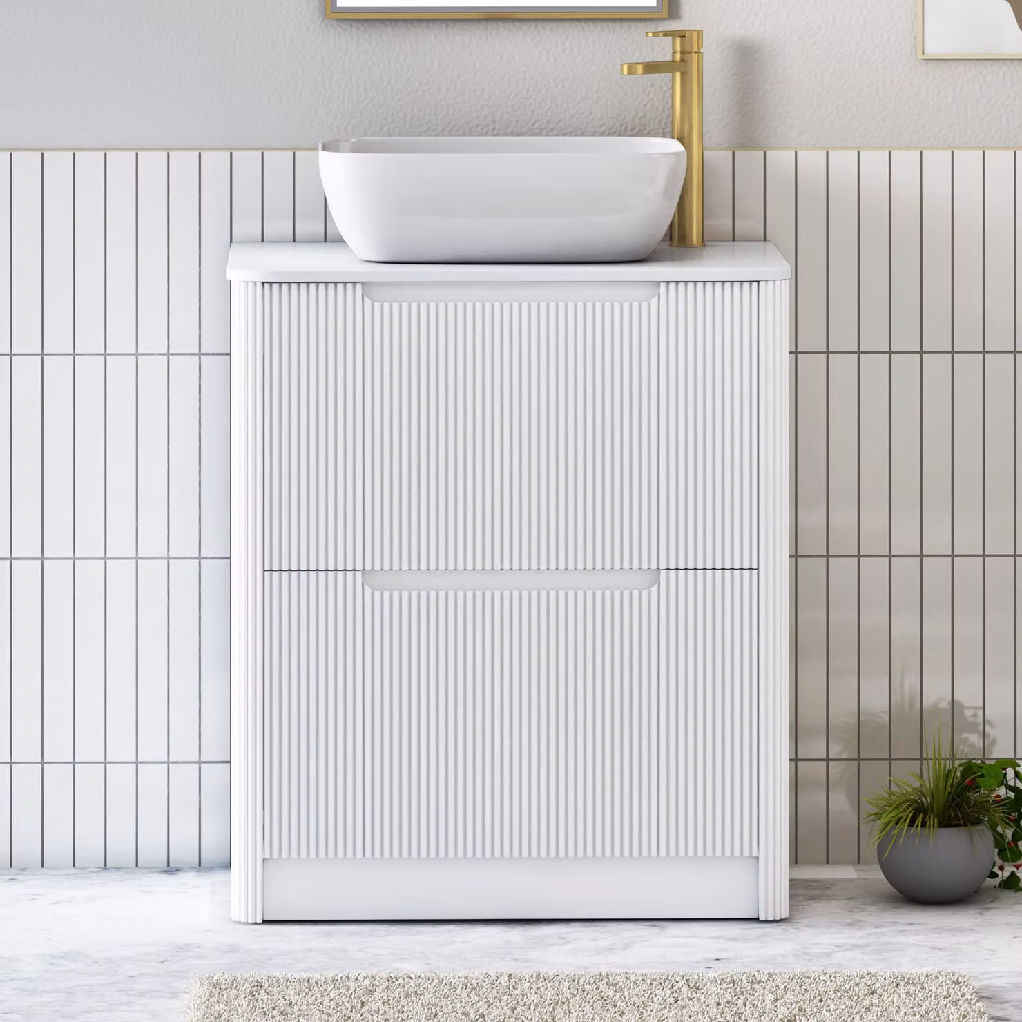 Royal Bathrooms Avenza 600mm Matt White Floor Standing 2 Drawer Vanity Unit with Elva Basin and Plain White Worktop