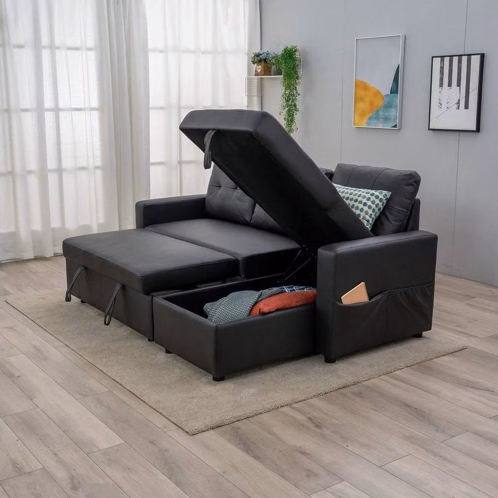 FORGEVIO 3 Seater Reversible Chaise Sofa Bed in Black with Pull-Out Sleeping Function – 3