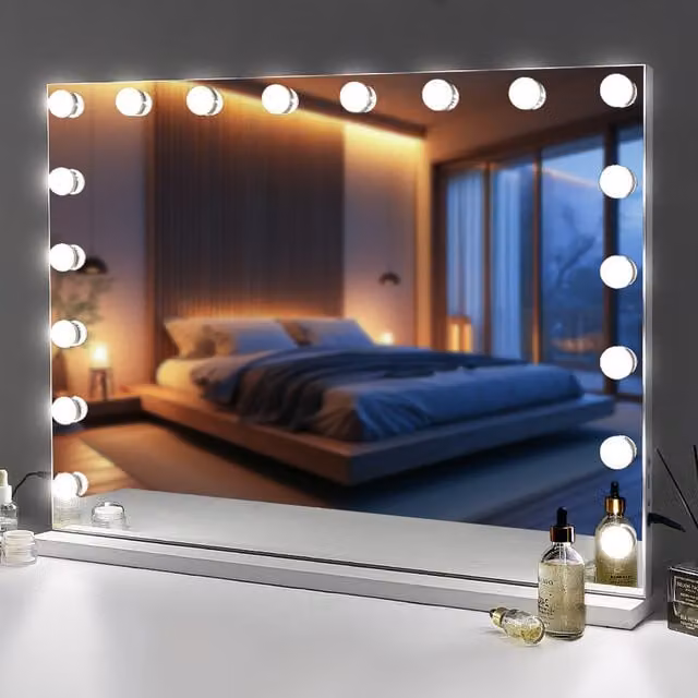 FENCHILIN Hollywood Vanity Mirror with 18 LED Lights, White Metal Tabletop or Wall-Mounted Design