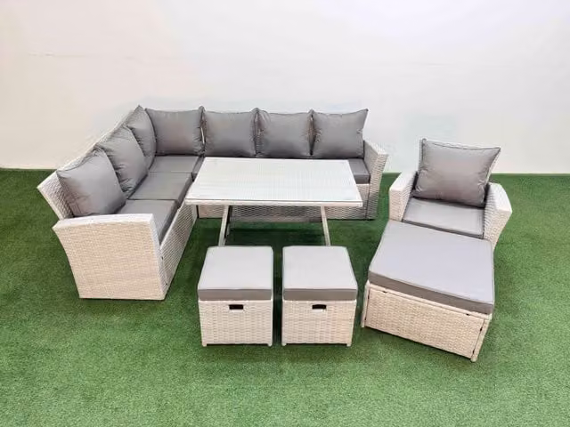 Fimous 10-Seater Outdoor Rattan Garden Furniture Set with Armchair and 3 Footstools in Light Grey