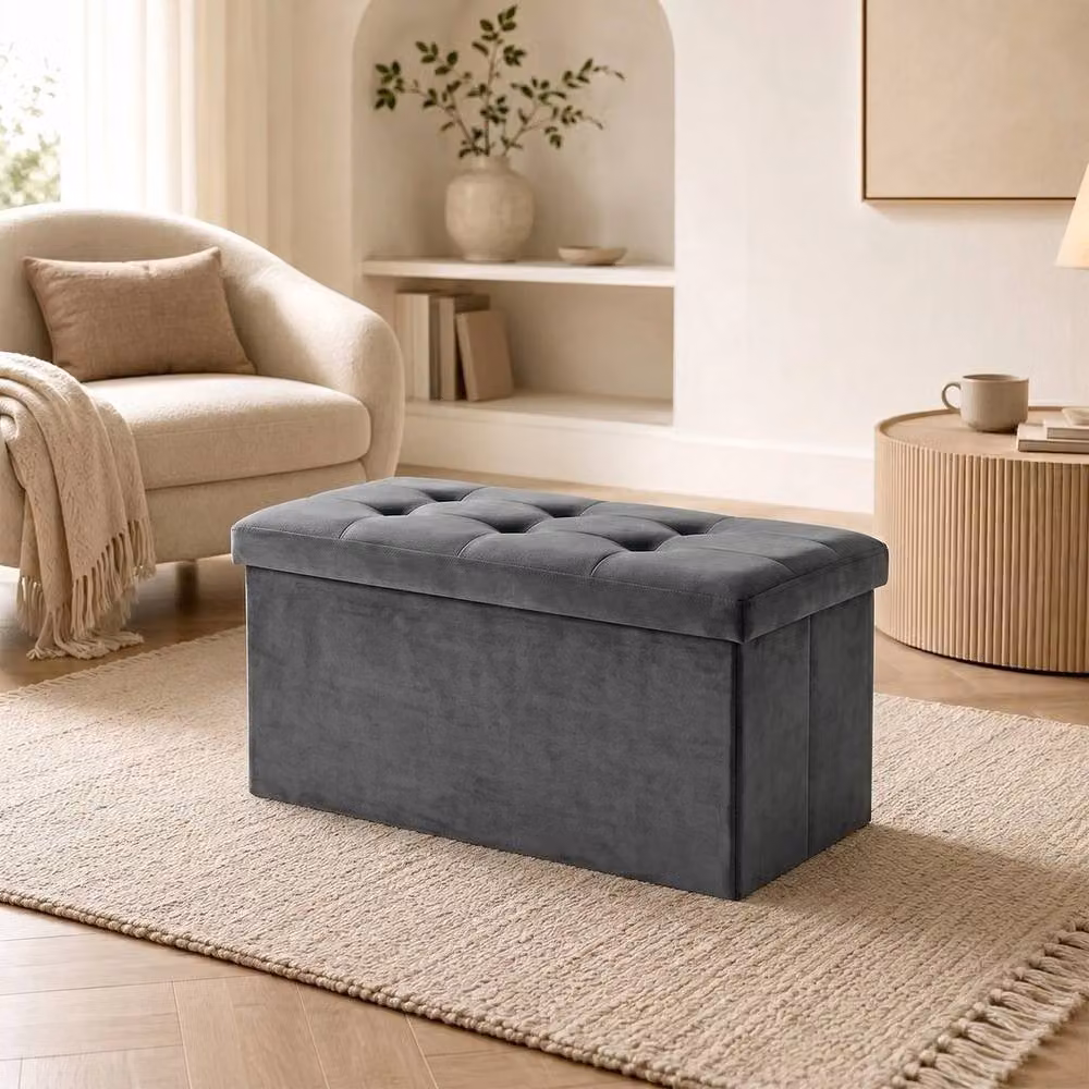 KORVIXA Dark Grey Storage Ottoman Bench and Footstool, W/D/H: 100 x 100 x 76 cm – 2
