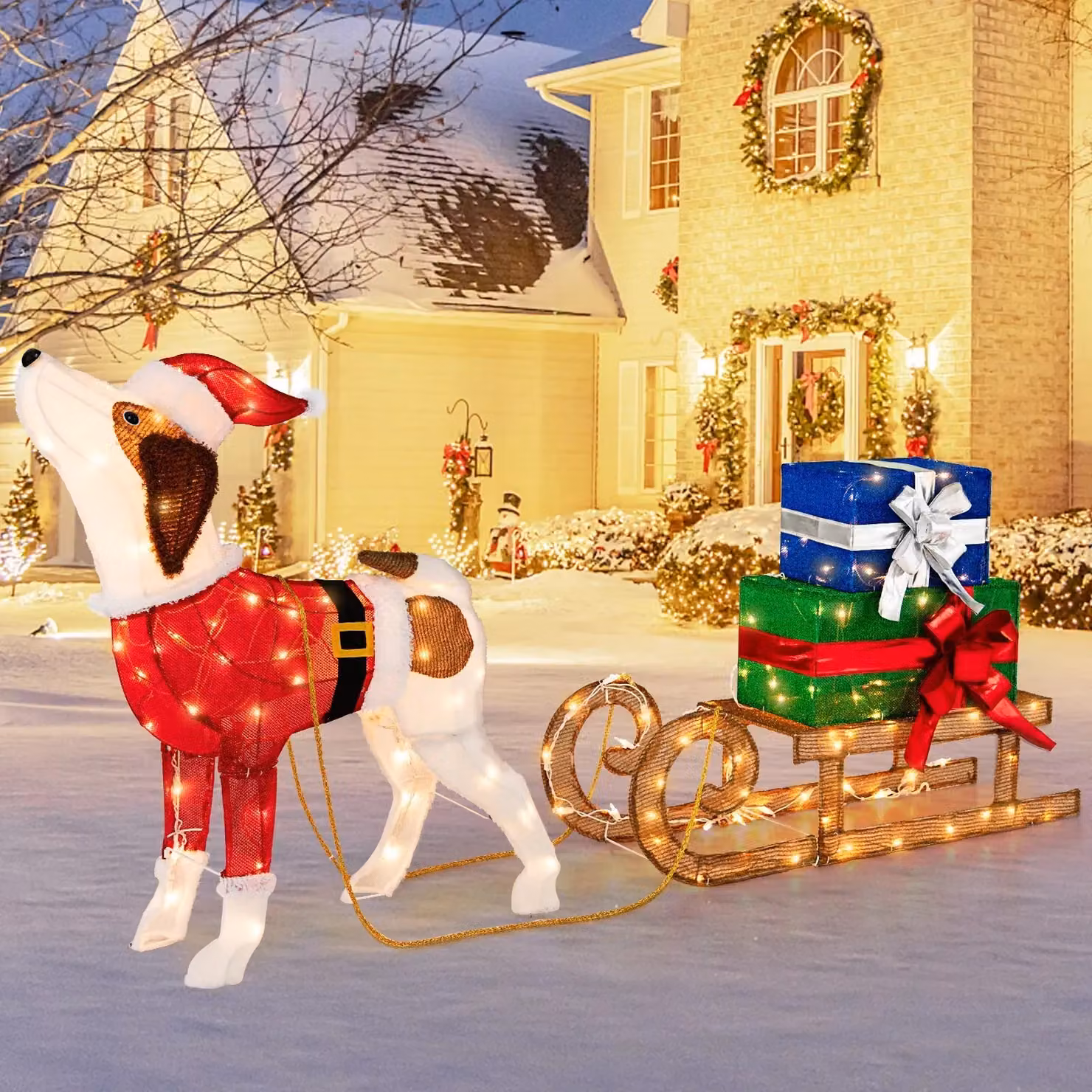 Costway Pre-lit Outdoor Christmas Decorations with Multicolour Lighted Dog, Sleigh and Gift Boxes – 2