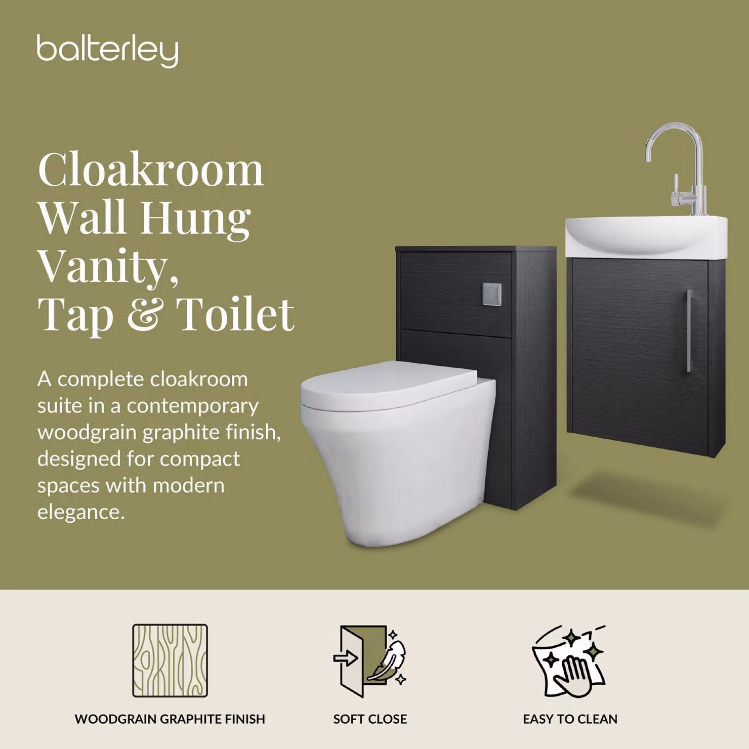 Balterley Left Hand Cloakroom Suite with Wall Hung Single Door Soft Close Vanity Unit, WC Toilet, and Mono Mixer Tap in Graphite Grey – 2