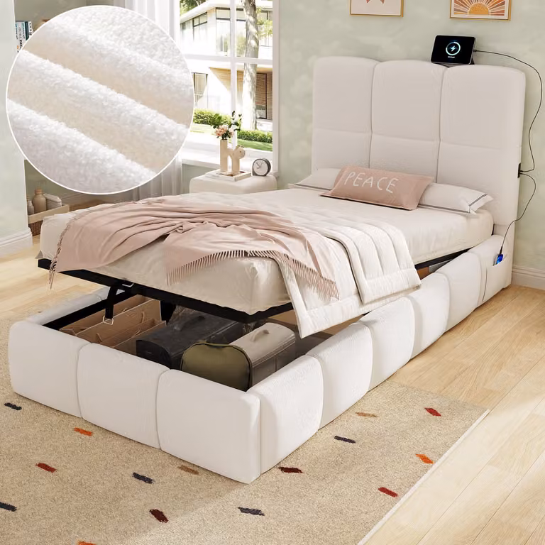 AKA Single Upholstered Hydraulic Bed with Headboard, USB Charging Port and Large Storage Space in Cream Boucle Fabric, W/D/H: 90 x 200 cm