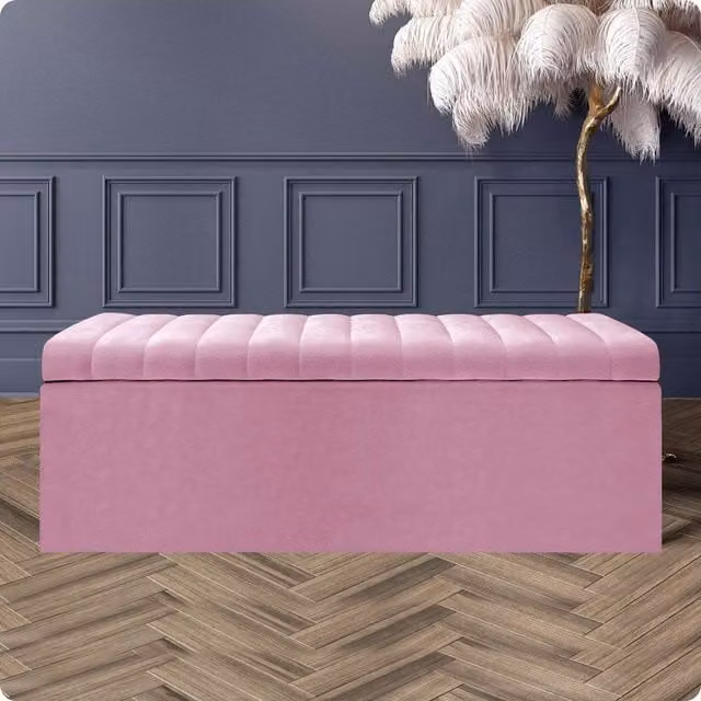 R&M Furnishers Safar Ottoman Storage Box, Pink and White Striped Plush Velvet Upholstered Blanket Chest