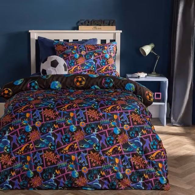 OHS Kids Comic Football Reversible Bedding Duvet Cover and Pillowcase Set, Multicolour, Single, 90 x 200 cm
