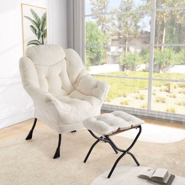 London Boutique Modern Upholstered Reading Accent Chair with Ottoman in Beige