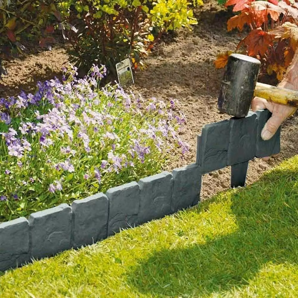 FLAVORA Grey Stone Effect Plastic Garden Border Edging for Lawns and Ornamental Gardens – 2