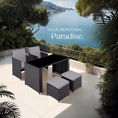 TecTake Rattan Garden Furniture Set with 2 Lounge Armchairs, 2 Ottomans and 1 Coffee Table with Glass Top, Black and Grey – 7