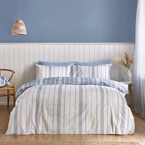 Catherine Lansfield Harbour Stripe Reversible King Duvet Cover and Pillowcase Set in Blue and White