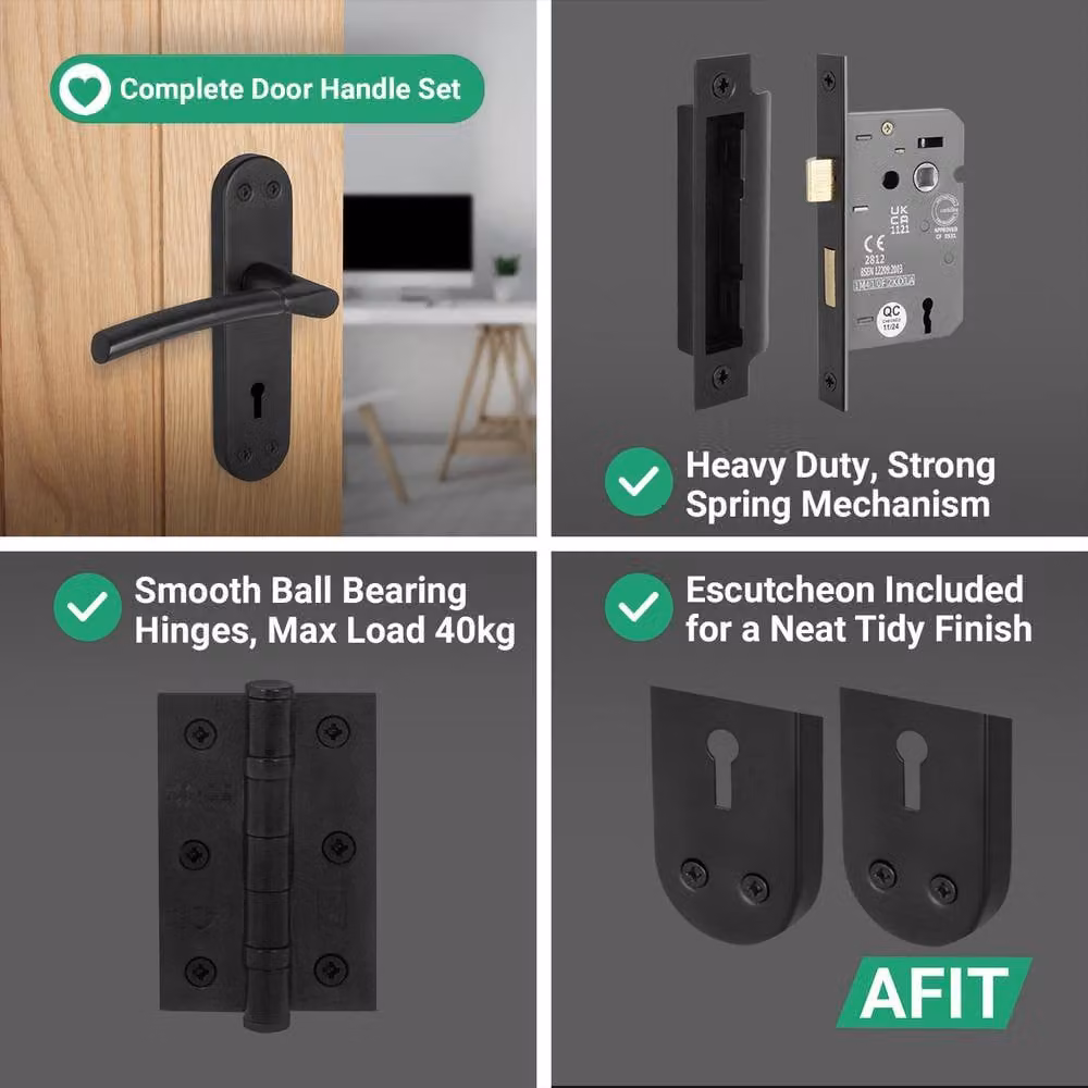 AFIT Matt Black Privacy Door Handle Set with Backplate, Lock and Hinges, W/D/H: 150 x 150 x 150 mm – 4