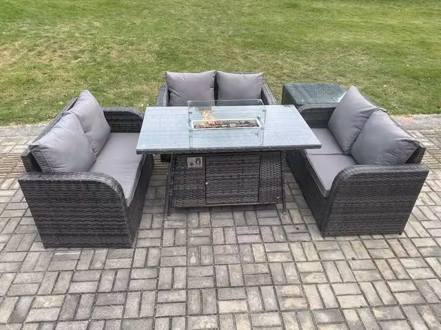 Fimous Rattan Outdoor Garden Furniture Set with Gas Fire Pit Dining Table, Love Sofa and Side Table in Dark Grey
