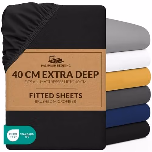 Pamposh Double Extra Deep Pocket Fitted Sheet in Black, 140 x 200 cm with 40 cm Depth, Premium Brushed Microfibre