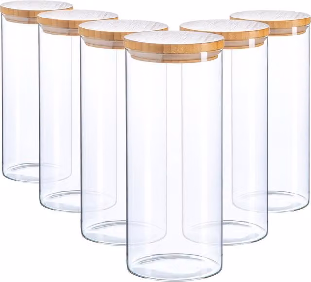 Argon Tableware Set of 6 Scandi Airtight Glass Storage Jars with Wooden Lids, 1.5 l Clear