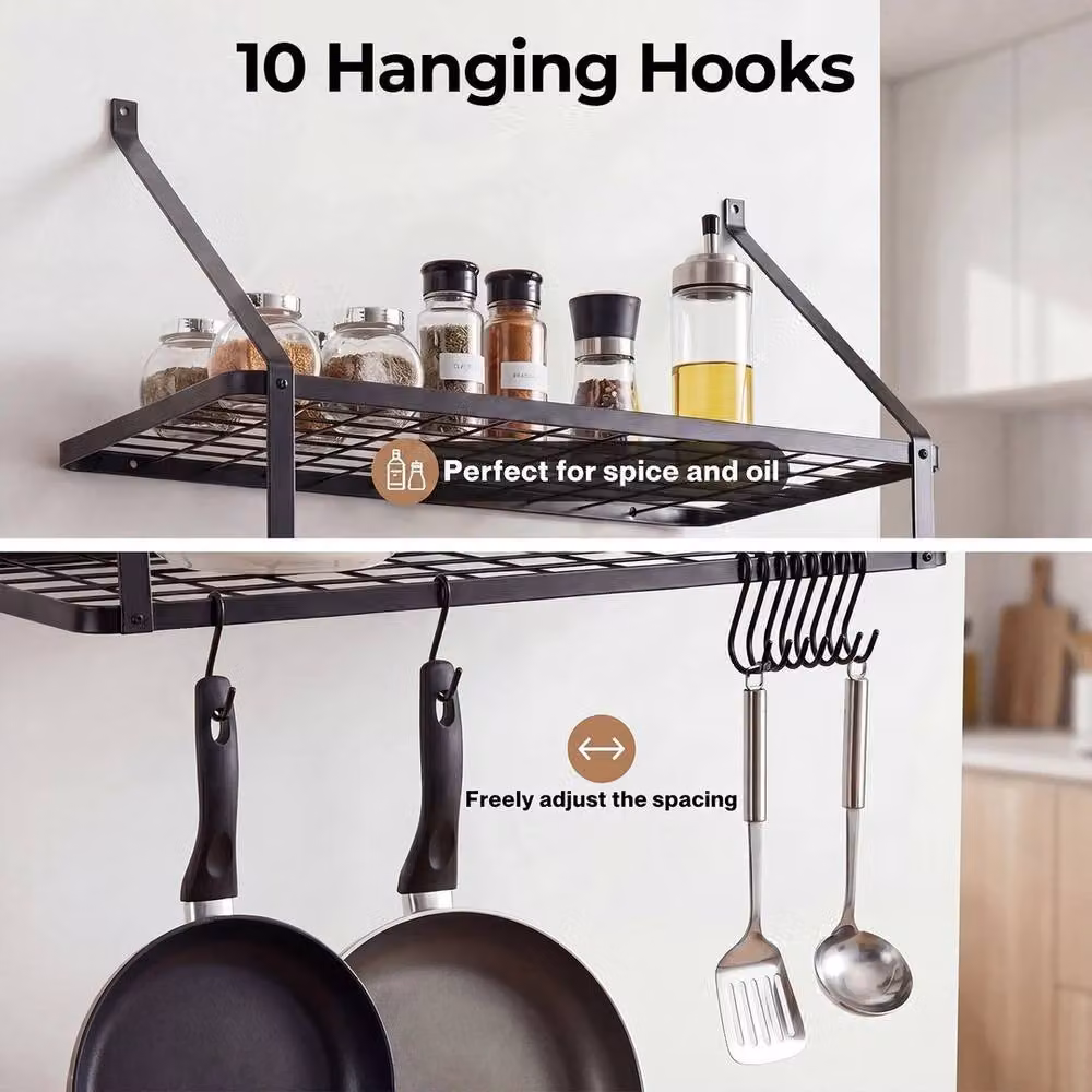 Kelvenix 2 Tier Wall Mounted Metal Pot Pan Rack in Matt Black – 3