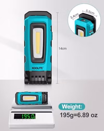 Koolite Rechargeable LED Inspection Light with Magnetic Stand and Clip, 800LM Waterproof Blue Work Light – 6